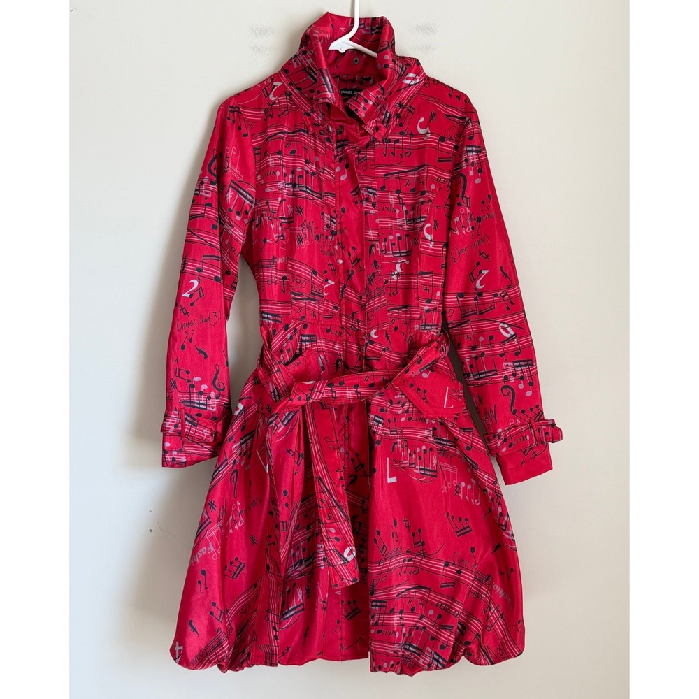 Samuel Dong Trench Coat Womens S Sheet Music Notes Bubble Hem Belted Artistic